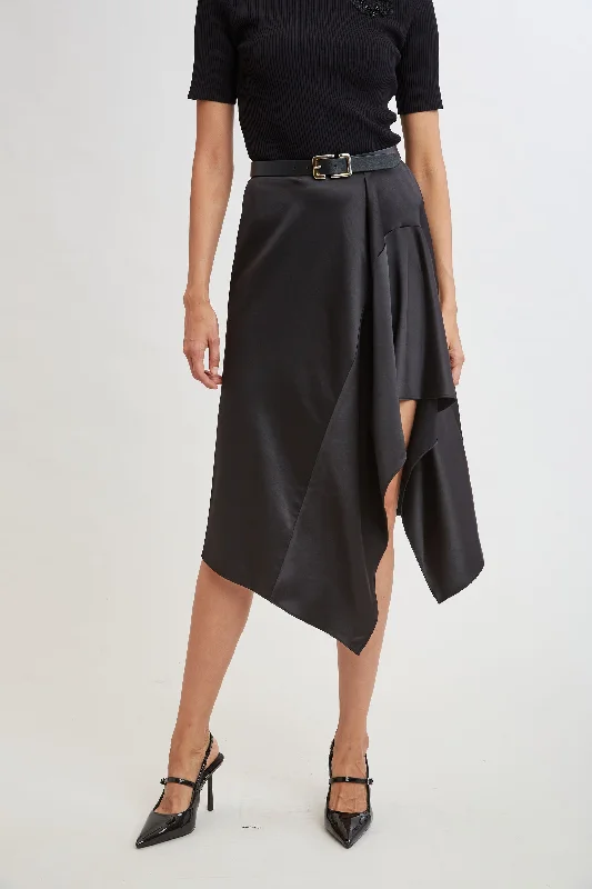 Asymmetric Hem Satin Midi Skirt