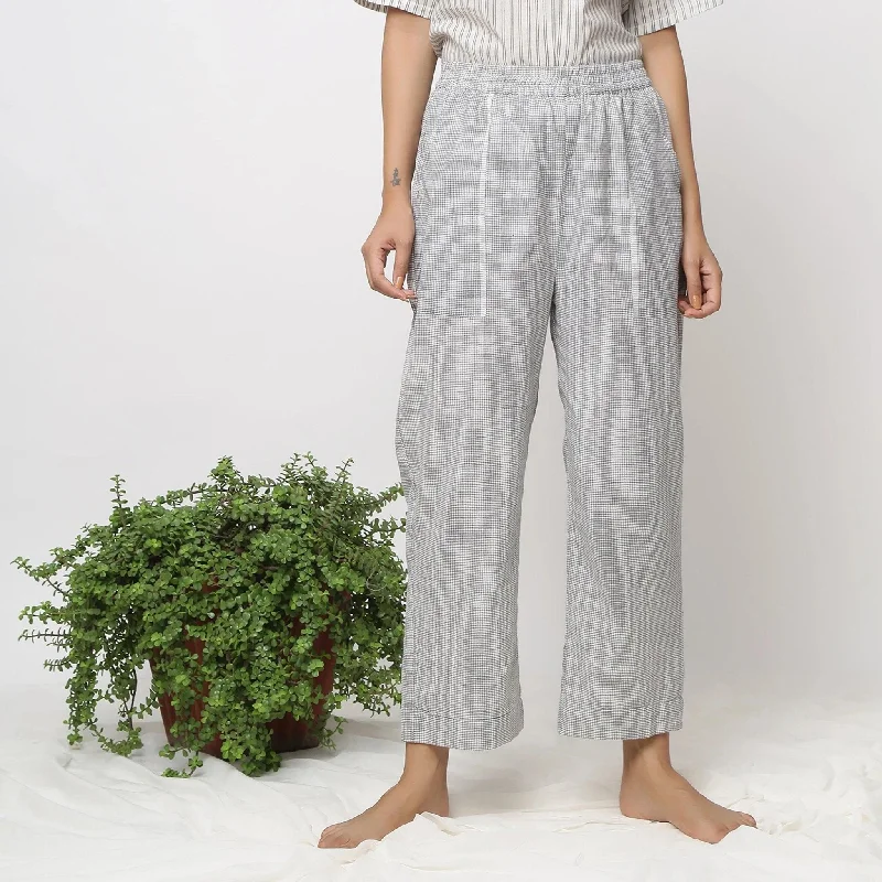 Off-White Checkered Cotton Muslin Elasticated Mid-Rise Pant