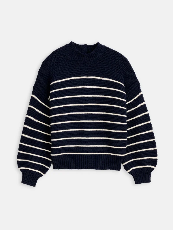 Button-Back Crewneck Sweater in Stripe