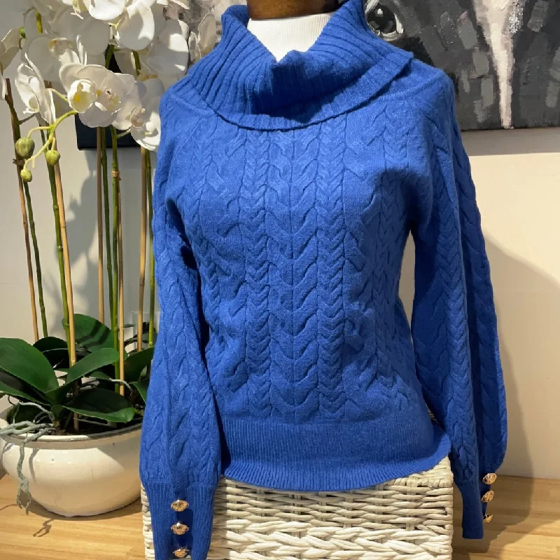 LT Adele Royal Blue T Neck Sweater W/ Gold Buttons