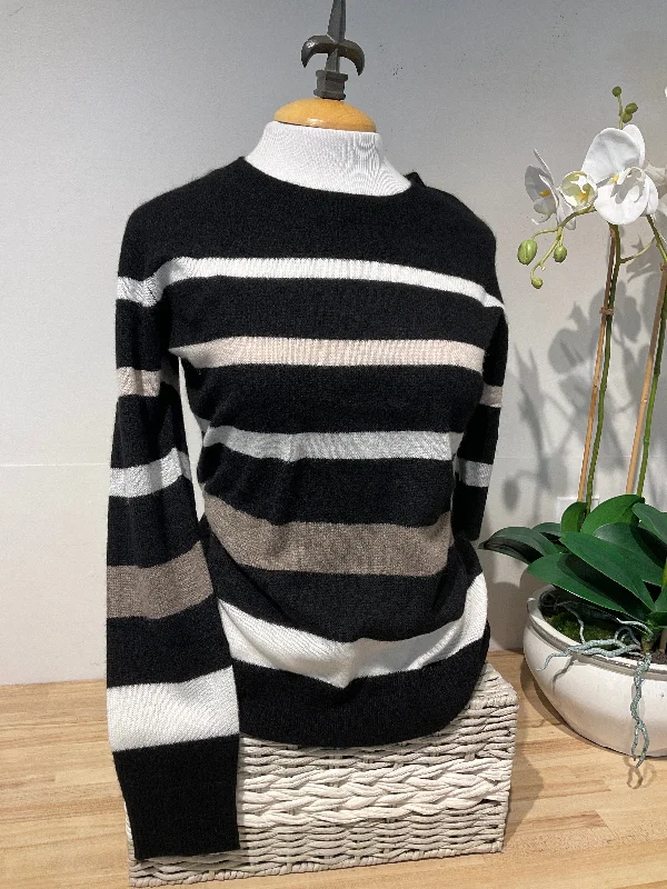 Pure Amici Black Stripe Crew Neck Sweater 100% Cashmere