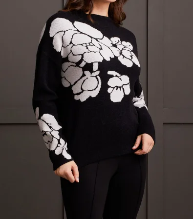 Tribal Floral Print Black  Funnel Neck Sweater