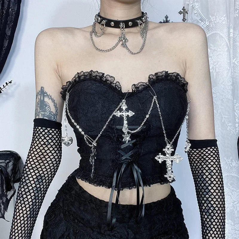 Women's Gothic Cross Chain Lace Bustier