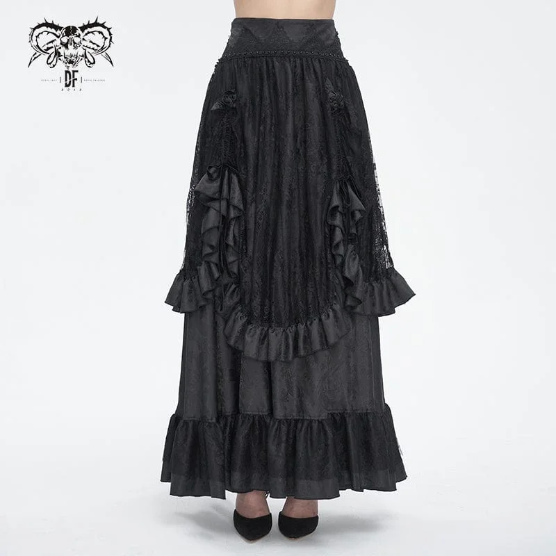 Women's Gothic Drawstring Ruffled Lace Skirt