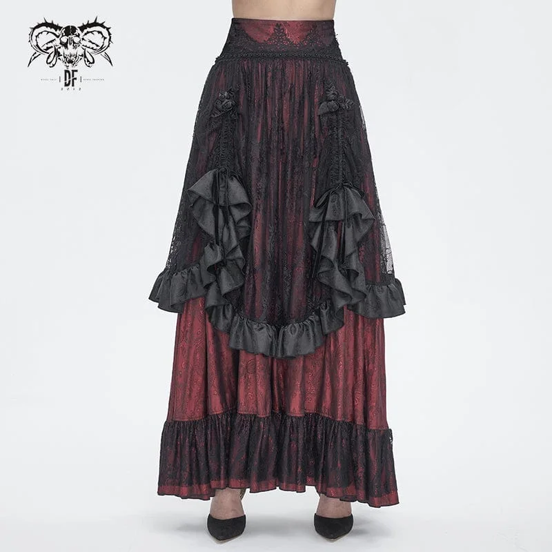 Women's Gothic Drawstring Ruffled Red Lace Skirt