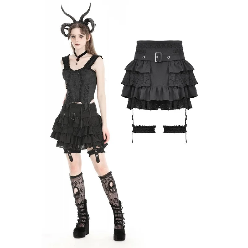 Women's Gothic High-waisted Lace Splice Skirt with Garter