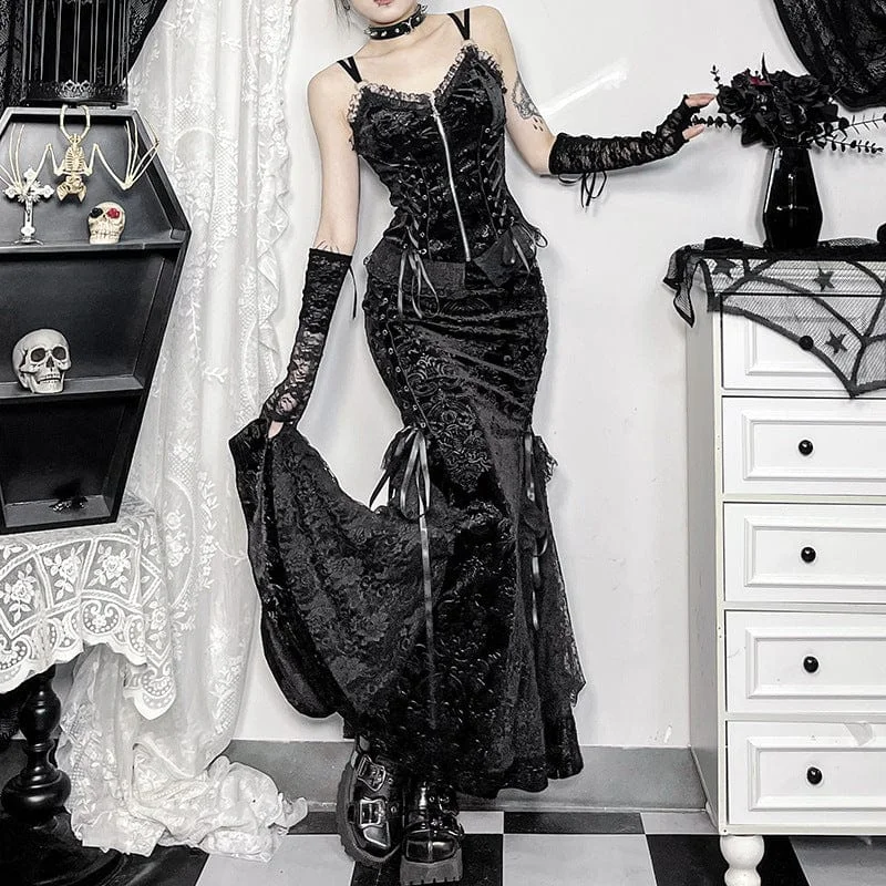 Women's Gothic Lace-up Eyelets Lace Maxi Skirt