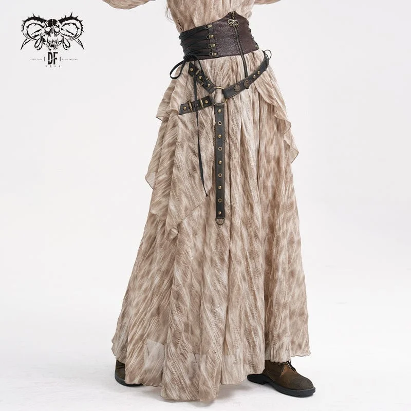 Women's Gothic Lace-up Eyelets Rivets Long Skirt Coffee