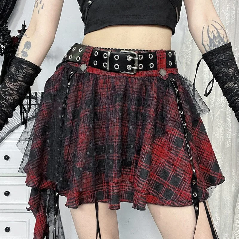 Women's Grunge Mesh Grid Bubble Short Skirt Red