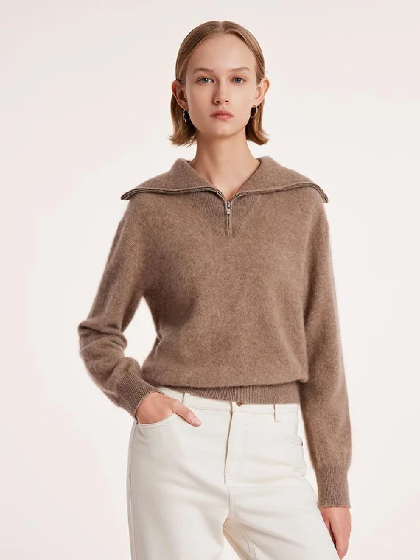 Pure Cashmere Zippered Lapel Women Sweater