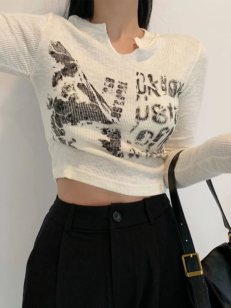 Sleeve Grunge Clothes Vintage Letter Crop Top