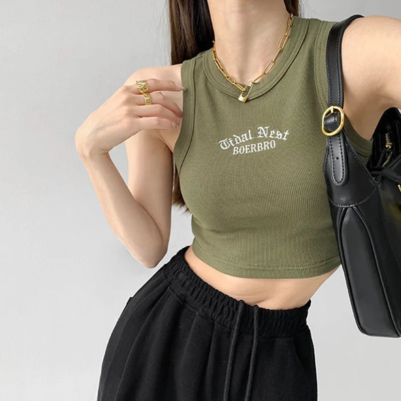 Ribbed Knitted Embroidery Letter Crop Top