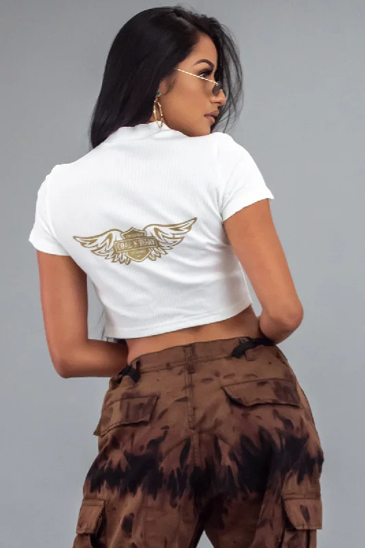 WHITE N GOLD ANGELS CLUB ZIPPER CROP TOP