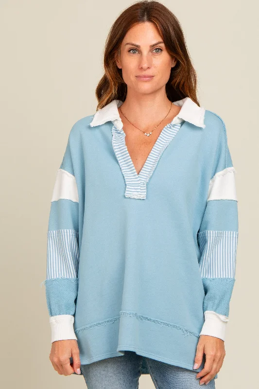 Blue Colorblock Stripe Polo Pullover Top