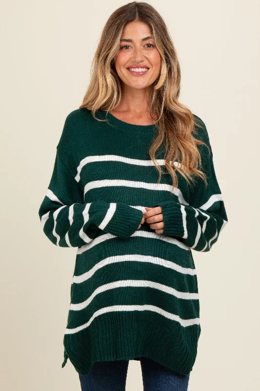 Forest Green Striped Side Slit Maternity Sweater