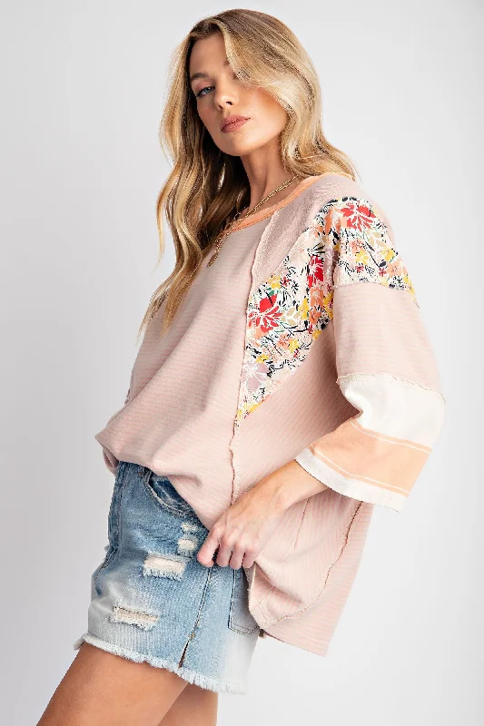 Peach Mixed Print Dolman Sleeve Top