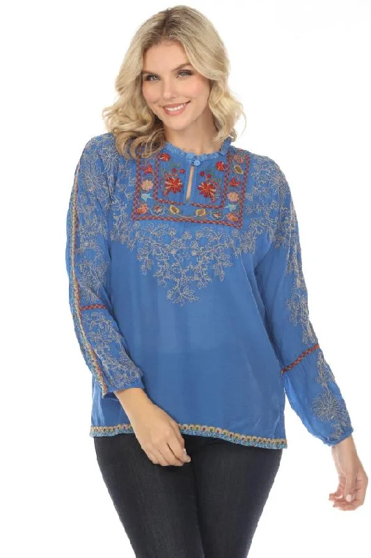 Johnny Was Blue Mariane Embroidered Blouse Boho Chic C18523-E