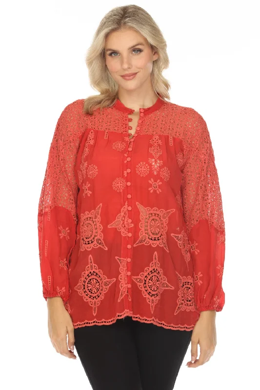 Johnny Was Red Eyelet Embroidered Button-Down Blouse C19324 Boho Chic