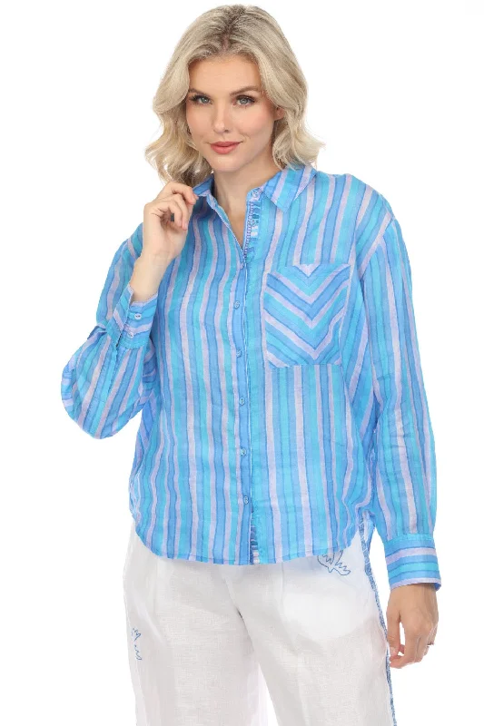 Johnny Was Workshop Blue Oslo Striped Button-Down Shirt Boho Chic W19424