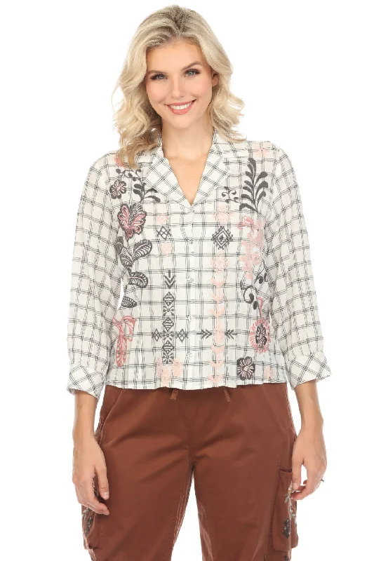 Johnny Was Workshop Plaid Embroidered 3/4 Sleeve Shirt Boho Chic W13324