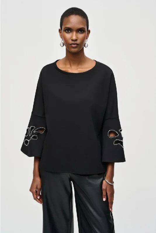 Joseph Ribkoff Black Embellished Boat Neck Cut-Out 3/4 Sleeves Top 243150