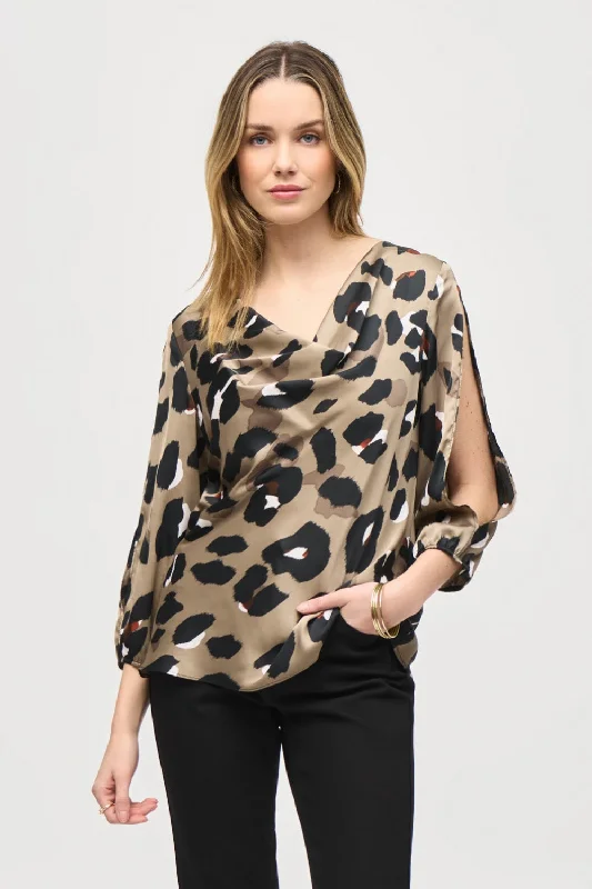 Joseph Ribkoff Black/Multi Animal Print Cowl Neck Satin Top 243108