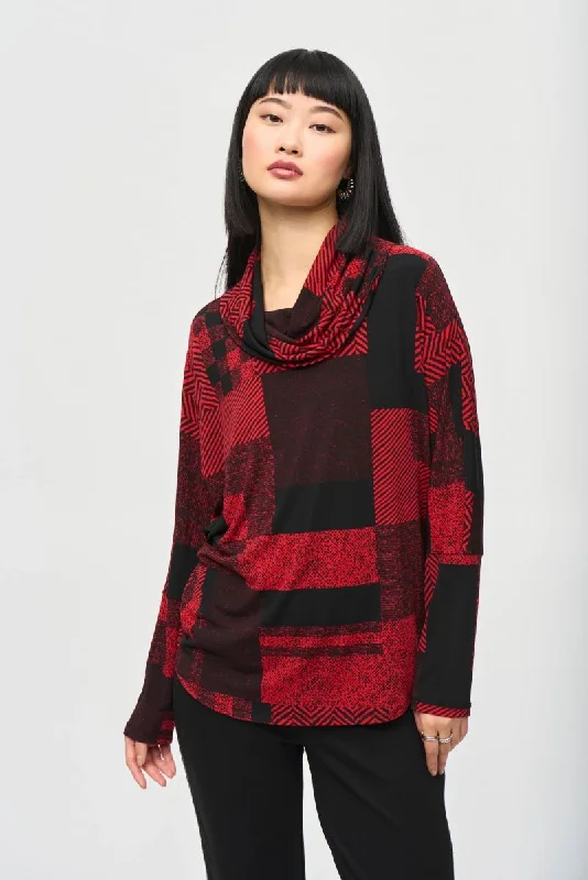 Joseph Ribkoff Black/Red Geometric Print Cowl Neck Boxy Top 243249