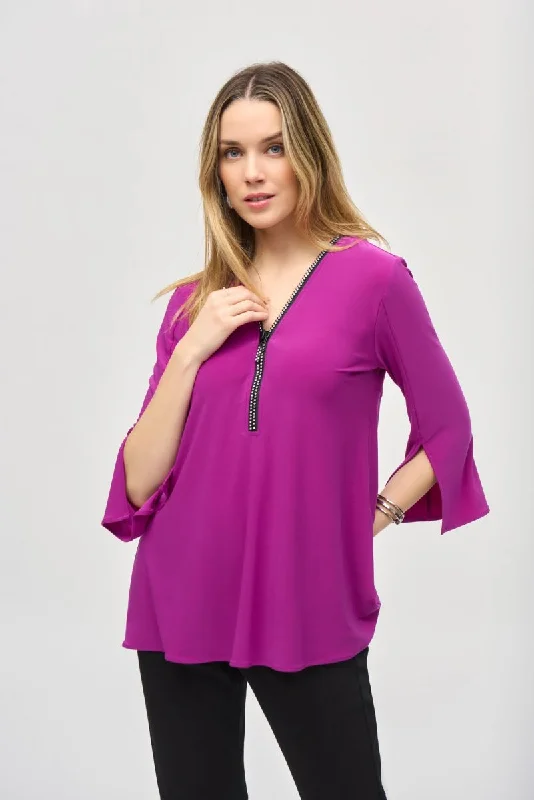 Joseph Ribkoff Embellished Zip Front Split Sleeve Tunic Top 243314